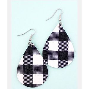 NEW Black and White Buffalo Check Faux Leather Teardrop Earrings